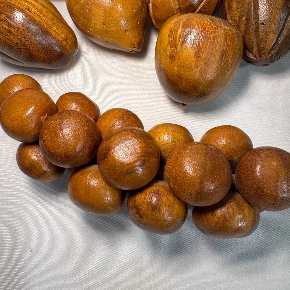 Vintage Hand Carved Wooden Fruit Set with Scalloped Bowl MCM Decor 10 Piece